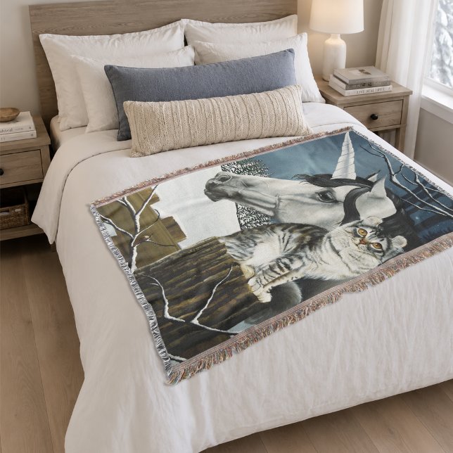 Mystical White Grey Fantasy Unicorn Cat Winter Throw Blanket (Creator Uploaded)