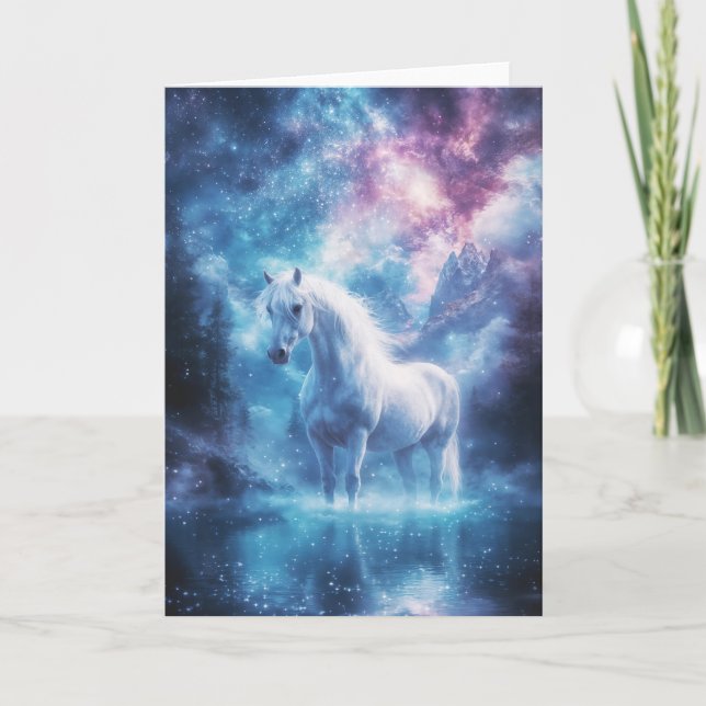 Mystical White Horse in a Cosmic Dreamscape Card (Front)