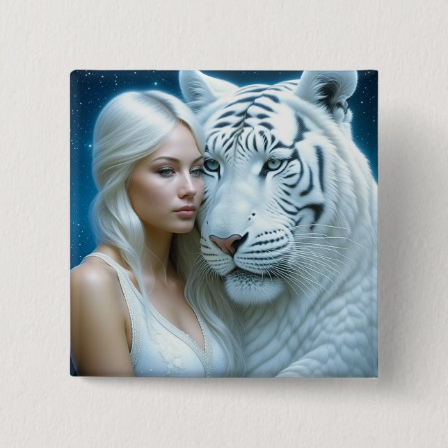 Mystical White Tiger and Woman 15 Cm Square Badge (Front)