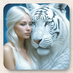 Mystical White Tiger and Woman Magical Coaster