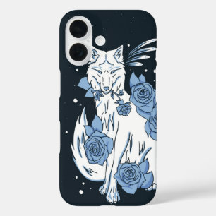Mystical White Wolf & Blue Roses iPhone 16 Case