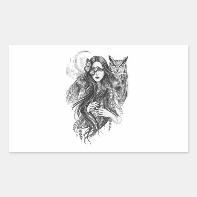 Mystical Wiccan Witch & Owl Dark Folklore Vinyl St Rectangular Sticker (Front)