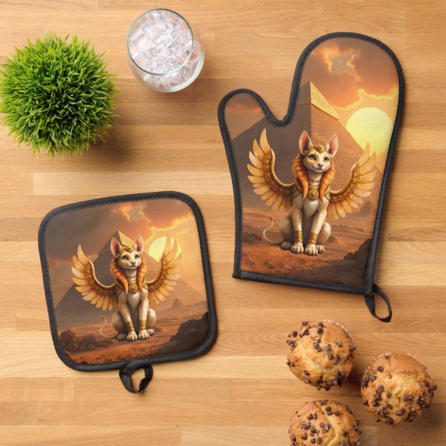 Mystical Winged Cat Sphinx – Egyptian Fantasy Art. Oven Mitt & Pot Holder Set (Top Down)