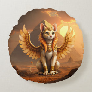 Mystical Winged Cat Sphinx – Egyptian Fantasy Art. Round Cushion
