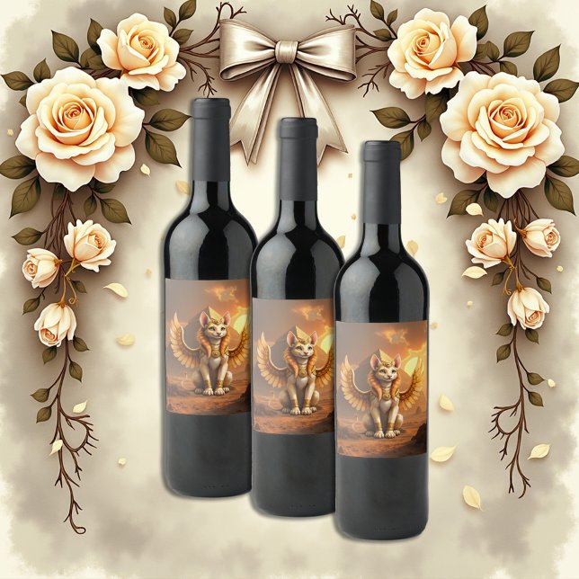 Mystical Winged Cat Sphinx – Egyptian Fantasy Art. Wine Label (Creator Uploaded)