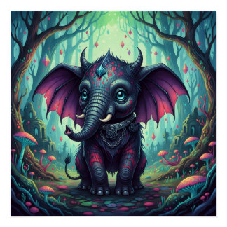 Mystical Winged Elephant in Enchanted Forest Poster