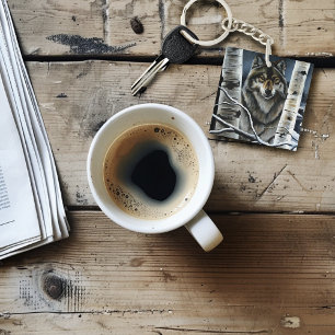 Mystical Winter Alpha Wolf Birch Forest Wildlife Key Ring