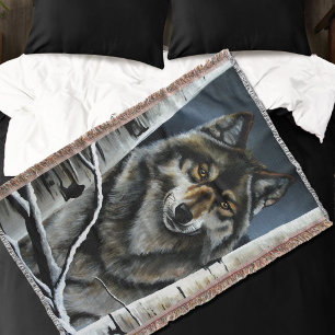 Mystical Winter Alpha Wolf Birch Forest Wildlife Throw Blanket