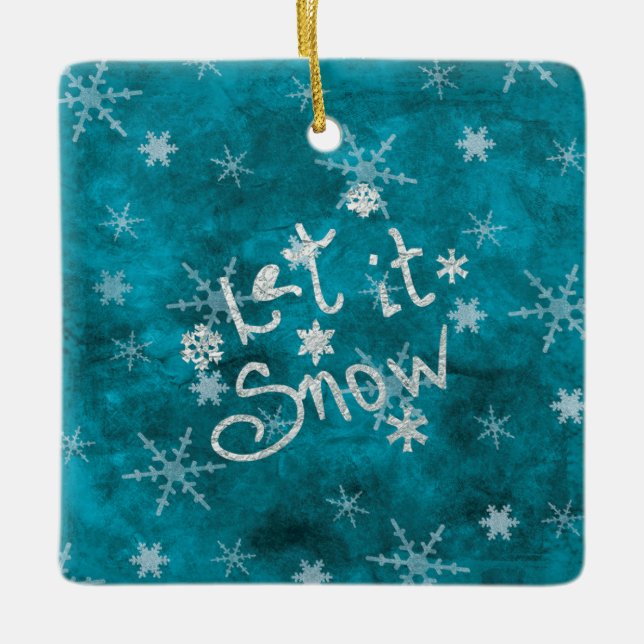 Mystical Winter Blue Silver Snowflakes Let It Snow Ceramic Ornament (Front)