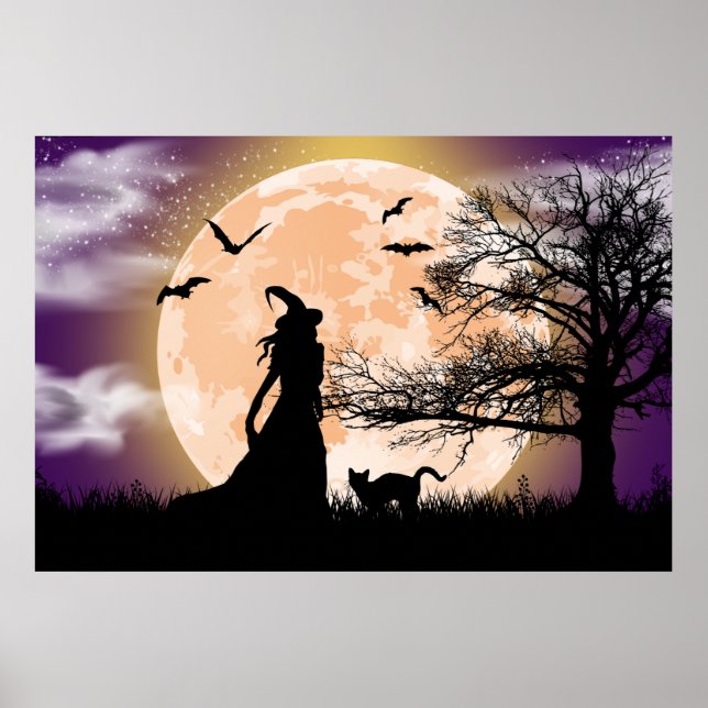 Mystical Witch, Black Cat, Full Moon Poster (Front)