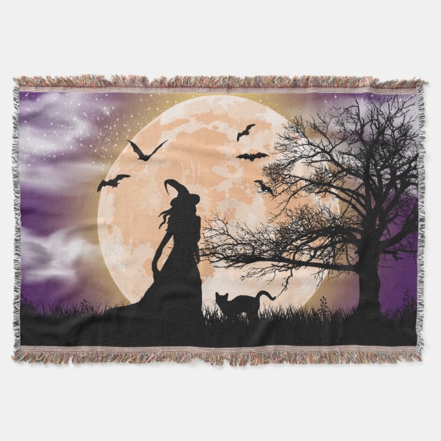 Mystical Witch, Black Cat, Full Moon Throw Blanket (Front)