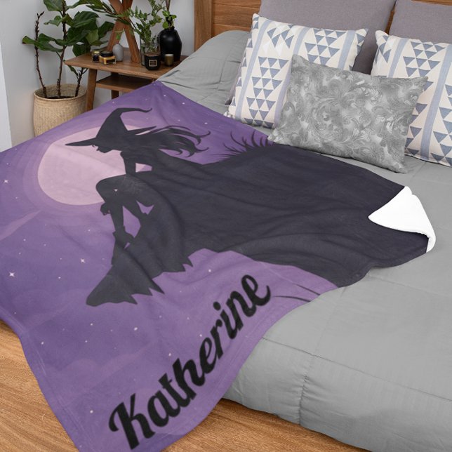 Mystical Witch Silhouette Under Moonlight Gift Sherpa Blanket (Creator Uploaded)