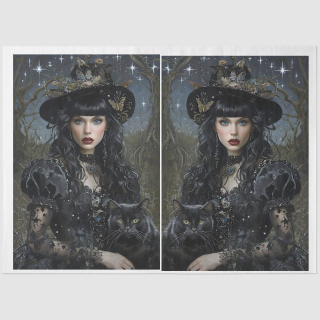Mystical Witch with cat mirrored Tissue Paper (Front)