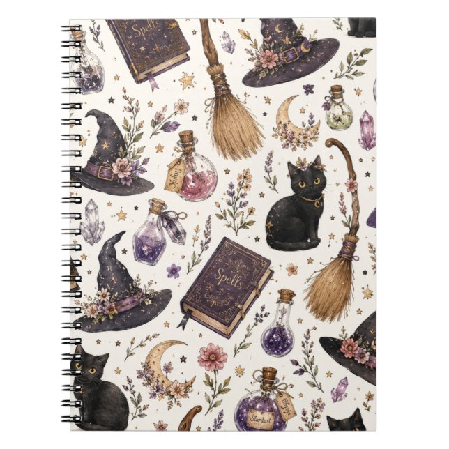 Mystical Witchy Halloween Pattern with Black Cats Notebook (Front)
