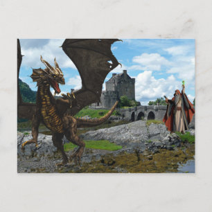 Mystical Wizard and Dragon Castle Landscape Postcard