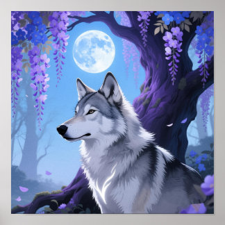Mystical Wolf and Wisteria Moon Fantasy Art Print