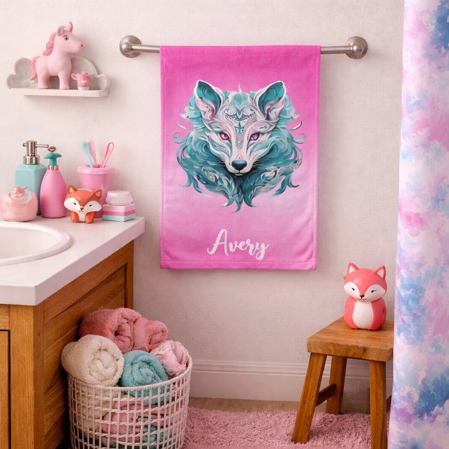 Mystical Wolf | Elegant Turquoise & Pink Wolf  Bath Towel Set (Creator Uploaded)