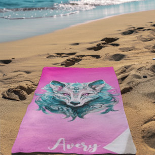 Mystical Wolf Elegant Turquoise & Pink Wolf Beach Towel