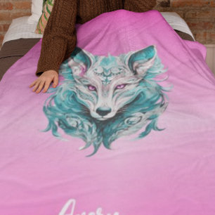 Mystical Wolf Elegant Turquoise & Pink Wolf Fleece Blanket