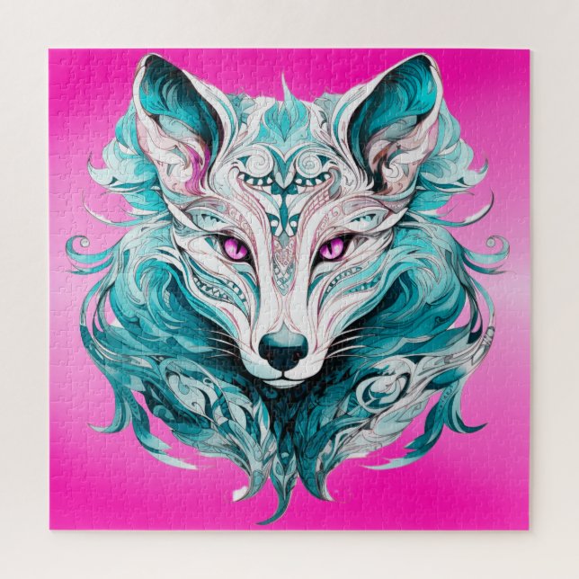 Mystical Wolf | Elegant Turquoise & Pink Wolf  Jigsaw Puzzle (Vertical)