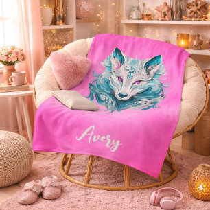 Mystical Wolf   Elegant Turquoise & Pink Wolf  Sherpa Blanket