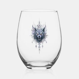 Mystical wolf head. stemless wine glass