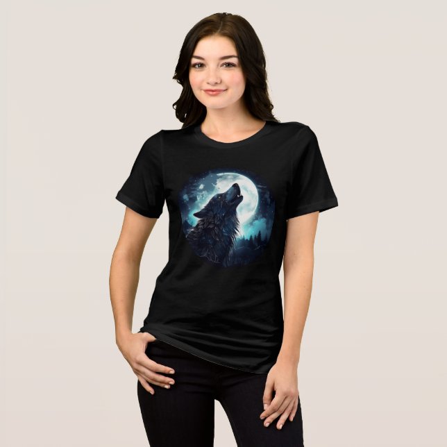 Mystical Wolf Howling at Full Moon Tri-Blend Shirt (Front Full)