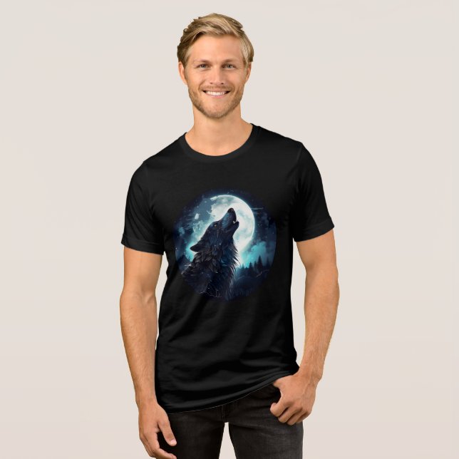Mystical Wolf Howling at Full Moon Tri-Blend Shirt (Front Full)