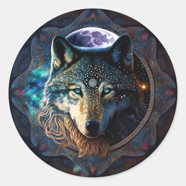 Mystical Wolf Moon Mandala Classic Round Sticker (Front)
