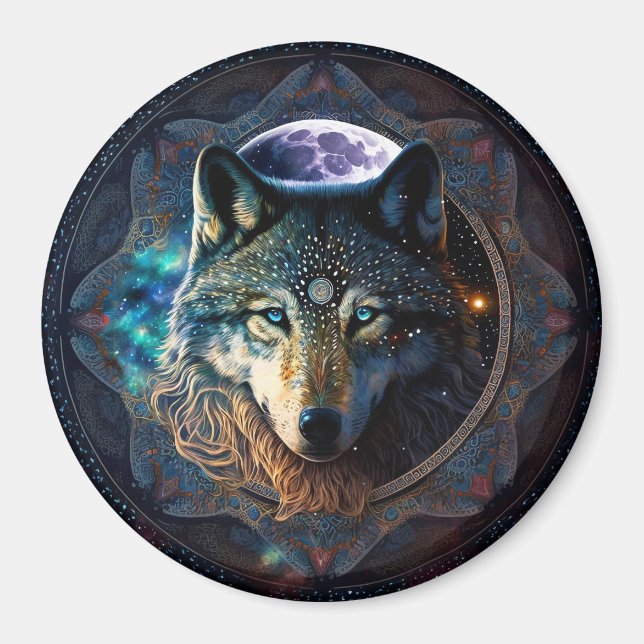 Mystical Wolf Moon Mandala Magnet (Front)