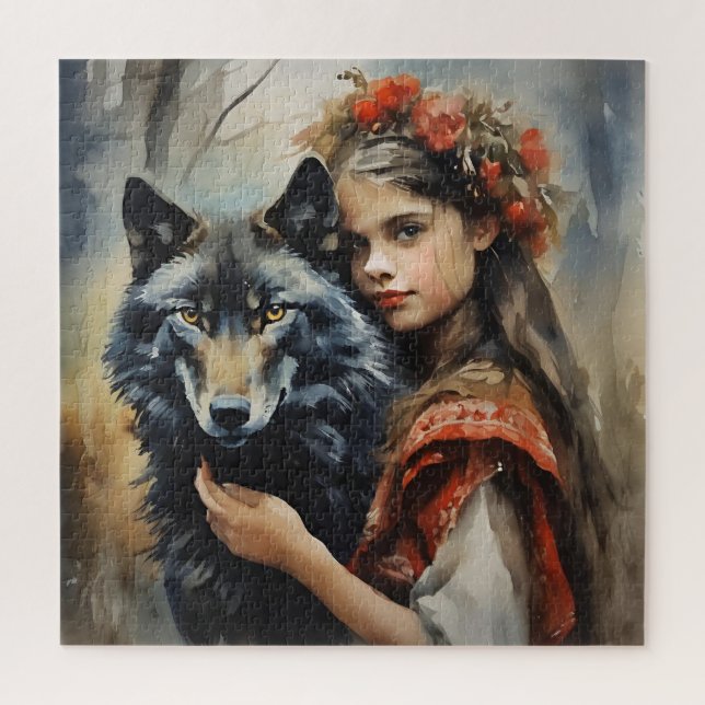 Mystical Wolf & Slavic Girl Fantasy Jigsaw Puzzle (Vertical)