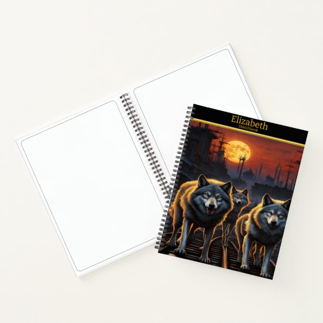 Mystical wolves howl under a glowing moon at dusk notebook (Inside)