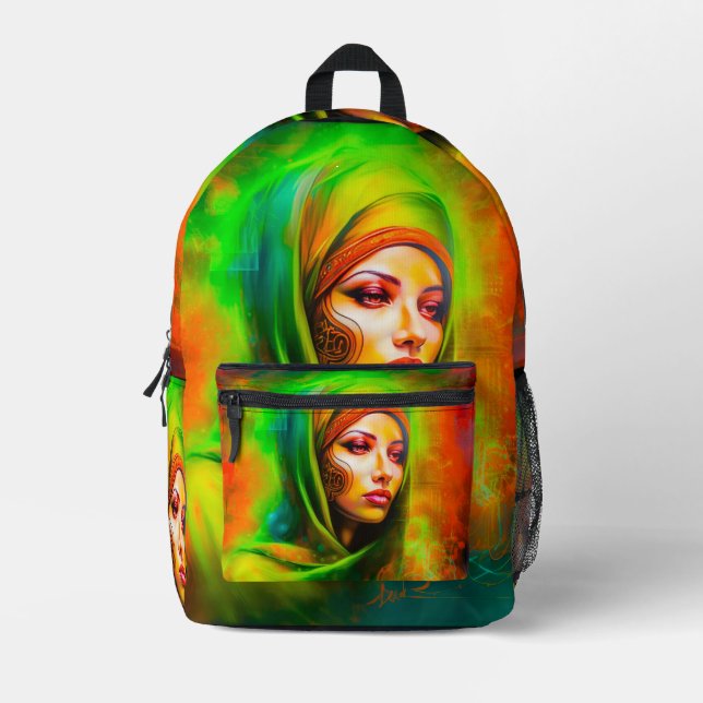 Mystical Woman in Neon Colours Printed Backpack (Front)