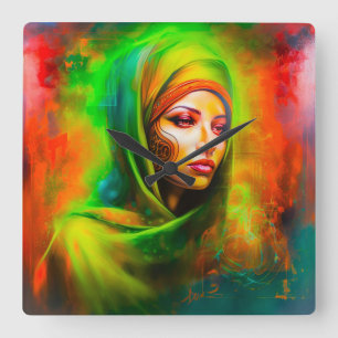 Mystical Woman in Neon Colours Square Wall Clock