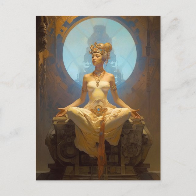 Mystical Woman Meditating Blue Gold Fantasy Art Postcard (Front)