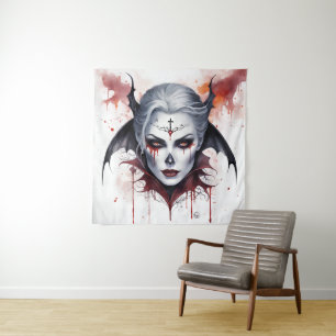 Mystical Woman Vampire Watercolor Halloween  Tapestry