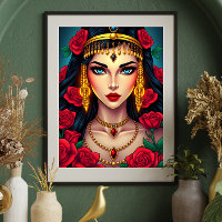 Mystical Woman with Blue Eyes and Red Roses 