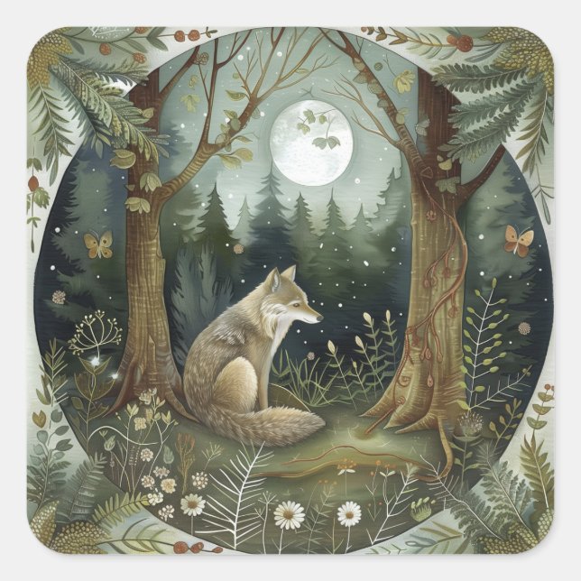 Mystical Woodland Wolf Square Sticker (Front)