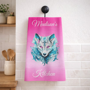 Mystical Woodland Wolf Turquoise Pink Tea Towel