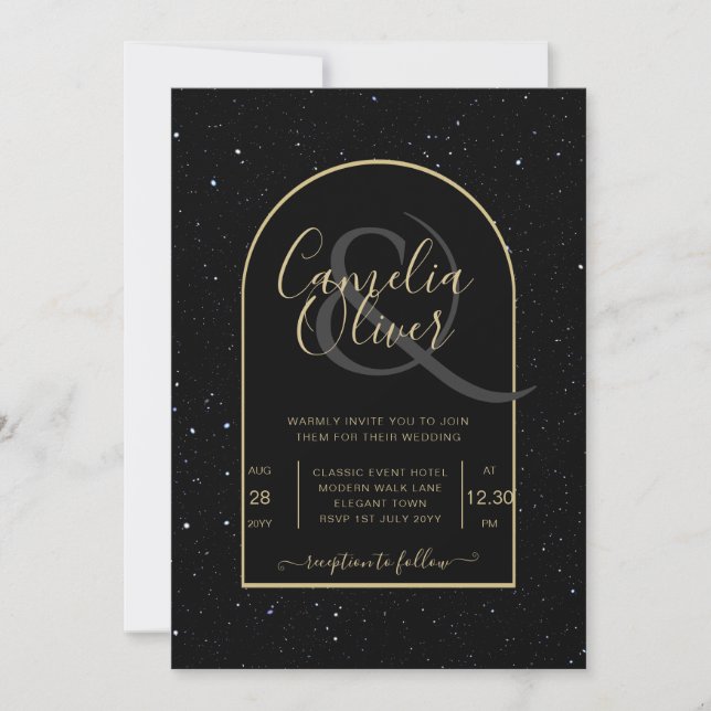 Mystique BLACK GOLD Starry Night Wedding Invitation (Front)