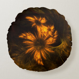 Mystique Garden Golden Abstract Fractal Art Round Cushion