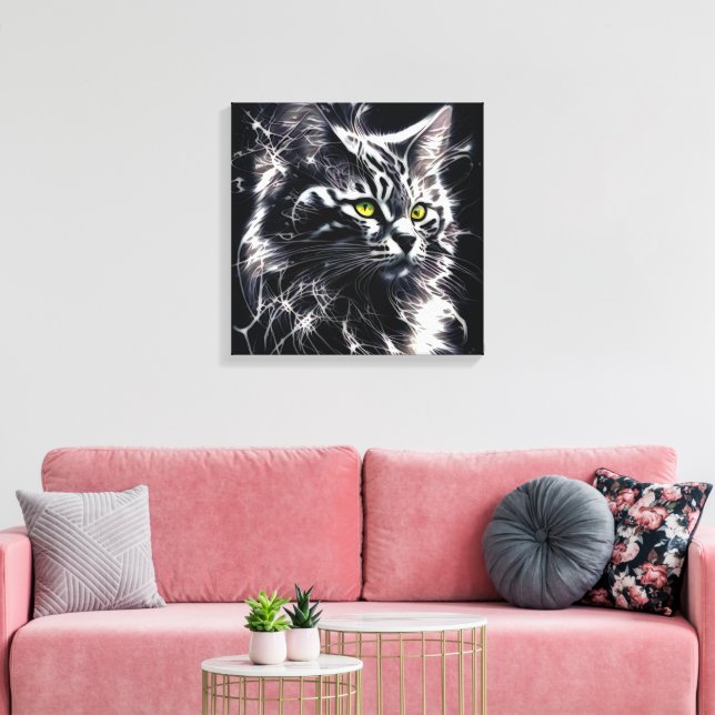 Mystique in Black and Silver - Mystical Cat Canvas Print (Insitu(LivingRoom))