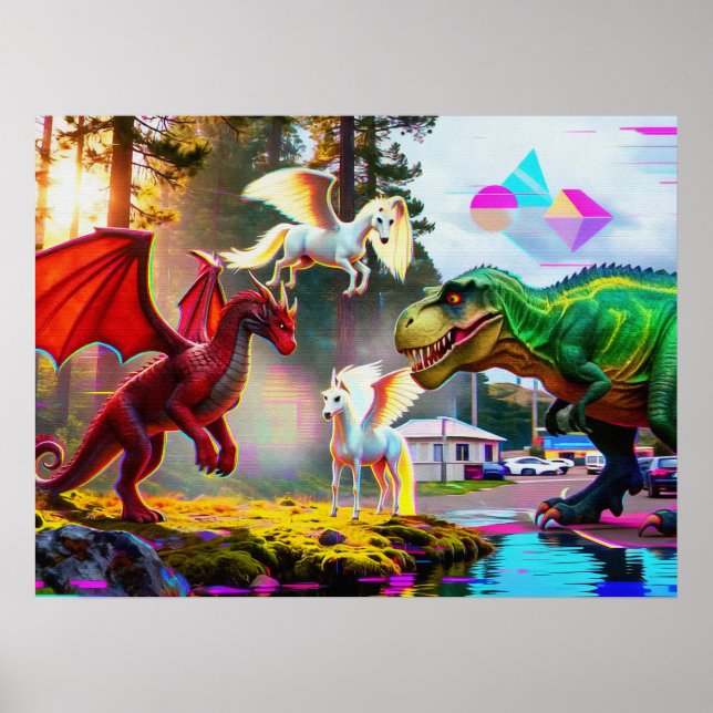 Mythical and Prehistoric Pegasus, Dragon, Dinosaur Poster (Front)