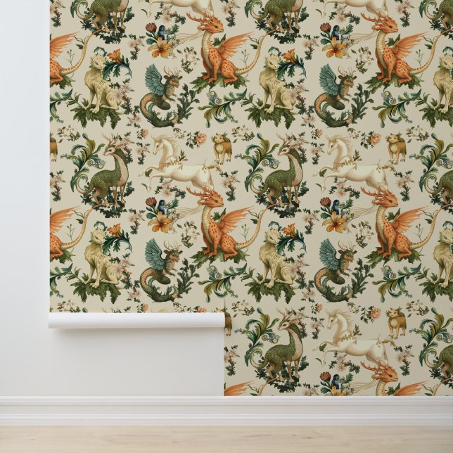 Mythical Animals Forest Creatures Cream Wallpaper (Application)