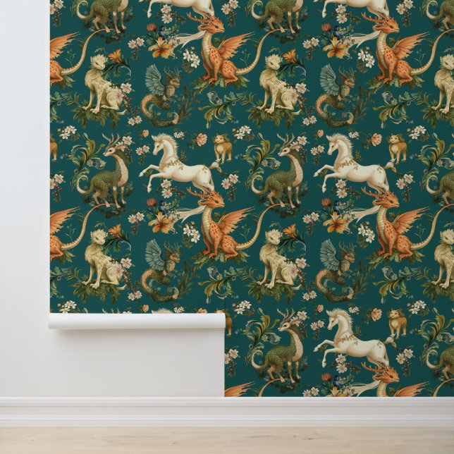 Mythical Animals Forest Creatures Teal Wallpaper (Application)