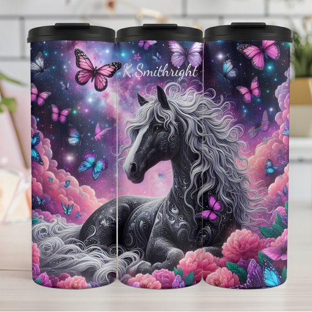Mythical Black Horse Cosmic Butterflies Thermal Tumbler (Creator Uploaded)