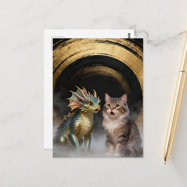 Mythical Cat-Dragon Creatures Surprised Postcard (Front/Back In Situ)