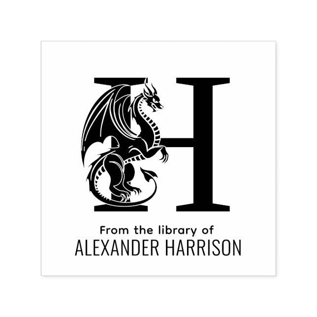 Mythical Dragon Over Single Bold Initial Name Book Self-inking Stamp (Design)