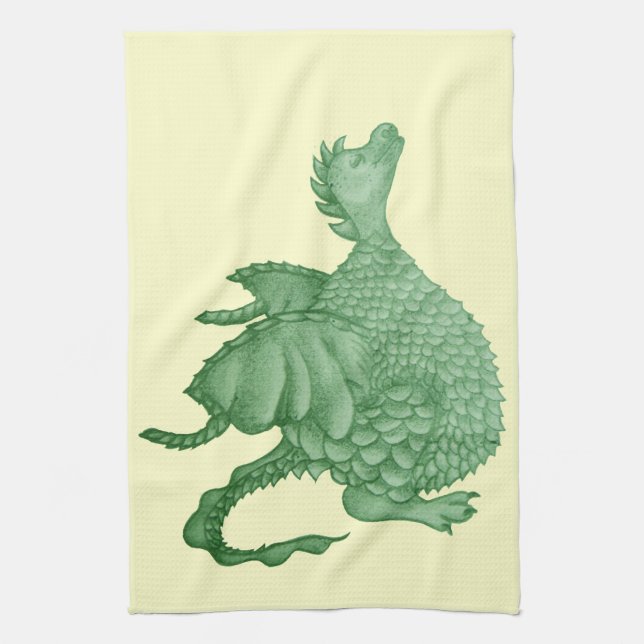 mythical fantasy creature cute green dragon tea towel (Vertical)