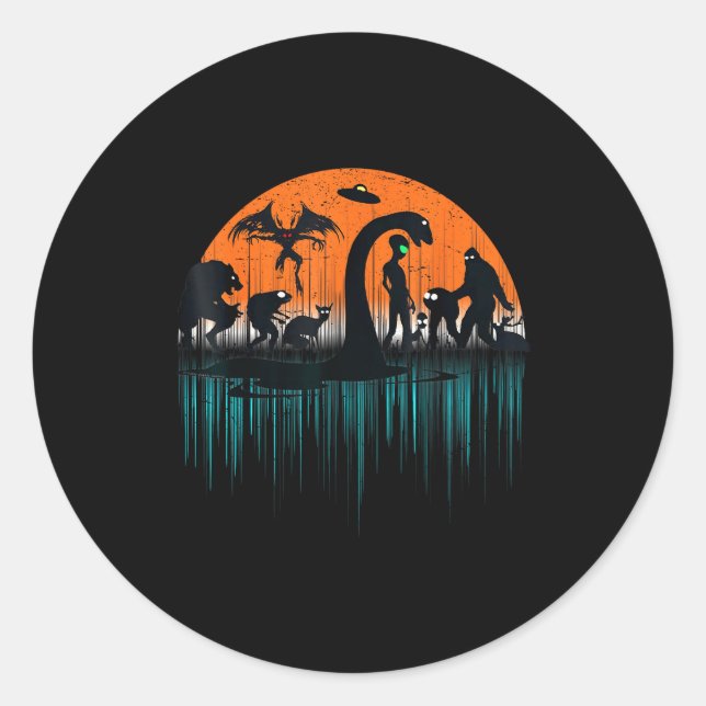 Mythical Loch Ness Bigfoot Mothman Aliens Funny Cr Classic Round Sticker (Front)